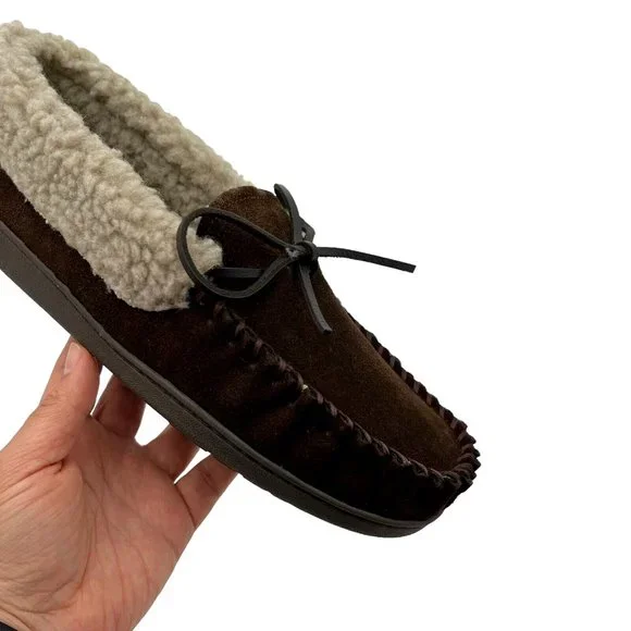 Minnetonka Mens Moccasin Slippers Size 10 Chocolate Suede Upper Faux Fur Lining - Picture 8 of 16
